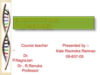 EUKARYOTIC DNA POLYMERASES Course teacher :-              Dr. P.NagraJan   Dr . R.Renuka                              Professor       Presented by :- Kale Ravindra Ramrao          09-607-05 