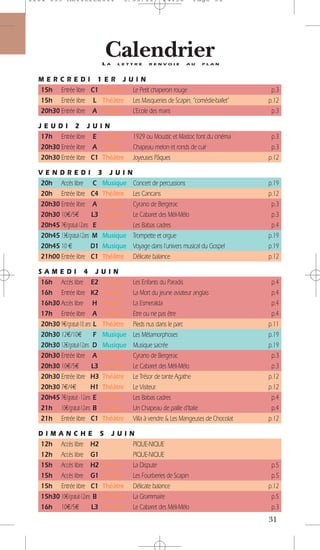 1104 039 Moliere2011                 5/05/11           14:30         Page 31




                                Calendrier
                               LA   LETTRE       RENVOIE         AU     PLAN



  MERCREDI 1ER J                         UIN
  15h Entrée libre C1 Théâtre             Le Petit chaperon rouge                       p.3
  15h Entrée libre L Théâtre              Les Masqueries de Scapin, “comédie-ballet”   p.12
  20h30 Entrée libre A Théâtre            L’Ecole des maris                             p.3

  JEUDI 2 JUIN
  17h Entrée libre E Théâtre              1929 ou Moustic et Mastoc font du cinéma      p.3
  20h30 Entrée libre A Théâtre            Chapeau melon et ronds de cuir                p.3
  20h30 Entrée libre C1 Théâtre           Joyeuses Pâques                              p.12

  VENDREDI 3 JUIN
  20h Accès libre C Musique Concert de percussions                                     p.19
  20h Entrée libre C4 Théâtre Les Cancans                                              p.12
  20h30 Entrée libre A Théâtre Cyrano de Bergerac                                       p.3
  20h30 10€/5€            L3 Théâtre Le Cabaret des Méli-Mélo                           p.3
  20h45 7€/gratuit-12ans E Théâtre Les Babas cadres                                     p.4
  20h45 13€/gratuit-12ans M Musique Trompette et orgue                                 p.19
  20h45 10 €             D1 Musique Voyage dans l’univers musical du Gospel            p.19
  21h00 Entrée libre C1 Théâtre Délicate balance                                       p.12

  SAMEDI 4 J                   UIN
  16h Accès libre E2           Théâtre    Les Enfants du Paradis                        p.4
  16h Entrée libre K2          Théâtre    La Mort du jeune aviateur anglais             p.4
  16h30 Accès libre H          Théâtre    La Esmeralda                                  p.4
  17h Entrée libre A           Théâtre    Etre ou ne pas être                           p.4
  20h30 9€/gratuit-10 ans L    Théâtre    Pieds nus dans le parc                       p.11
  20h30 12€/10€            F   Musique    Les Métamorphoses                            p.19
  20h30 12€/gratuit-12ans D    Musique    Musique sacrée                               p.19
  20h30 Entrée libre A         Théâtre    Cyrano de Bergerac                            p.3
  20h30 10€/5€            L3   Théâtre    Le Cabaret des Méli-Mélo                      p.3
  20h30 Entrée libre H3        Théâtre    Le Trésor de tante Agathe                    p.12
  20h30 7€/4€             H1   Théâtre    Le Visiteur                                  p.12
  20h45 7€/gratuit - 12ans E   Théâtre    Les Babas cadres                              p.4
  21h 10€/gratuit-12ans B      Théâtre    Un Chapeau de paille d’Italie                 p.4
  21h Entrée libre C1          Théâtre    Villa à vendre & Les Mangeuses de Chocolat   p.12

  DIMANCHE 5 JUI                         N
  12h Accès libre H2                      PIQUE-NIQUE
  12h Accès libre G1                      PIQUE-NIQUE
  15h Accès libre H2 Théâtre              La Dispute                                    p.5
  15h Accès libre G1 Théâtre              Les Fourberies de Scapin                      p.5
  15h Entrée libre C1 Théâtre             Délicate balance                             p.12
  15h30 10€/gratuit-12ans B Théâtre       La Grammaire                                  p.5
  16h 10€/5€             L3 Théâtre       Le Cabaret des Méli-Mélo                      p.3
                                                                                       31
 