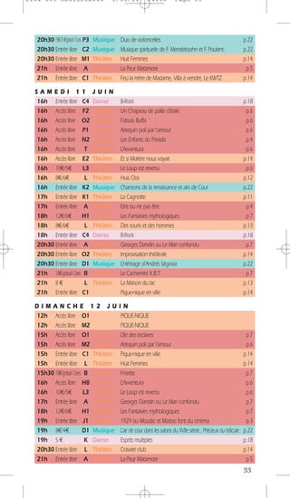 1104 039 Moliere2011                         5/05/11            14:30           Page 33




   20h30 15€/10 €/gratuit- 15 ans P3   Musique   Duo de violoncelles                                                    p.22
   20h30 Entrée libre C2               Musique   Musique spirituelle de F. Mendelssohn et F. Poulenc                    p.22
   20h30 Entrée libre M1               Théâtre   Huit Femmes                                                            p.14
   21h Entrée libre A                  Théâtre   La Peur Matamore                                                        p.5
   21h Entrée libre C1                 Théâtre   Feu la mère de Madame, Villa à vendre, Le KWTZ                         p.14

  SAMEDI 11                            JUIN
  16h Entrée libre C4                  Danse     B-Rock                                                                 p.18
  16h Accès libre F2                   Théâtre   Un Chapeau de paille d’Italie                                           p.6
  16h Accès libre O2                   Théâtre   Fabula Buffa                                                            p.6
  16h Accès libre P1                   Théâtre   Arlequin poli par l’amour                                               p.6
  16h Accès libre N2                   Théâtre   Les Enfants du Paradis                                                  p.4
  16h Accès libre T                    Théâtre   L’Avventura                                                             p.6
  16h Accès libre E2                   Théâtre   Et si Molière nous voyait                                              p.14
  16h 10€/5€            L3             Théâtre   Le Loup est revenu                                                      p.6
  16h 8€/6€              L             Théâtre   Huis Clos                                                              p.12
  16h Entrée libre K2                  Musique   Chansons de la renaissance et airs de Cour                             p.22
  17h Entrée libre K1                  Théâtre   La Cagnotte                                                            p.11
  17h Entrée libre A                   Théâtre   Etre ou ne pas être                                                     p.4
  18h 12€/6€           H1              Théâtre   Les Fantaisies mythologiques                                            p.7
  18h 8€/6€              L             Théâtre   Des souris et des hommes                                               p.13
  18h Entrée libre C4                  Danse     B-Rock                                                                 p.18
  20h30 Entrée libre A                 Théâtre   Georges Dandin ou Le Mari confondu                                      p.7
  20h30 Entrée libre O2                Théâtre   Improvisation théâtrale                                                p.14
  20h30 Entrée libre D1                Musique   L’Héritage d’Andrés Ségovia                                            p.22
  21h 10€/gratuit-12ans B              Théâtre   Le Cachemire X.B.T.                                                     p.7
  21h 8 €                L             Théâtre   La Maison du lac                                                       p.13
  21h Entrée libre C1                            Pique-nique en ville                                                   p.14

  DIMANCHE 12 JU                                 IN
  12h Accès libre O1                             PIQUE-NIQUE
  12h Accès libre M2                             PIQUE-NIQUE
  15h Accès libre O1 Théâtre                     L’Ile des esclaves                                                      p.7
  15h Accès libre M2 Théâtre                     Arlequin poli par l’amour                                               p.6
  15h Entrée libre C1 Théâtre                    Pique-nique en ville                                                   p.14
  15h Entrée libre L Théâtre                     Huit Femmes                                                            p.14
  15h30 10€/gratuit-12ans B Théâtre              Frisette                                                                p.7
  16h Accès libre H8 Théâtre                     L’Avventura                                                             p.6
  16h 10€/5€              L3 Théâtre             Le Loup est revenu                                                      p.6
  17h Entrée libre A Théâtre                     Georges Dandin ou Le Mari confondu                                      p.7
  18h 12€/6€             H1 Théâtre              Les Fantaisies mythologiques                                            p.7
  19h Entrée libre J1 Théâtre                    1929 ou Moustic et Mastoc font du cinéma                                p.3
  19h 8€/4€              D1 Musique              L’air de cour dans les salons du XVIIe siècle : Précieux ou ridicule   p.22
  19h 5 €                 K Danse                Esprits multiples                                                      p.18
  20h30 Entrée libre L Théâtre                   Cravate club                                                           p.14
  21h Entrée libre A Théâtre                     La Peur Matamore                                                        p.5
                                                                                                                        33
 
