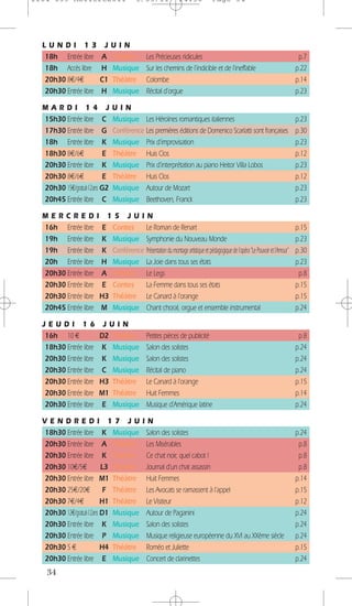 1104 039 Moliere2011                         5/05/11               14:30            Page 34




  LUNDI 13                  J   UIN
  18h Entrée libre         A    Théâtre            Les Précieuses ridicules                                                     p.7
  18h Accès libre          H    Musique            Sur les chemins de l’indicible et de l’ineffable                            p.22
  20h30 8€/4€              C1   Théâtre            Colombe                                                                     p.14
  20h30 Entrée libre       H    Musique            Récital d’orgue                                                             p.23

  MARDI 14 J                     UIN
  15h30 Entrée libre C           Musique           Les Héroïnes romantiques italiennes                                         p.23
  17h30 Entrée libre G           Conférence        Les premières éditions de Domenico Scarlatti sont françaises                p.30
  18h Entrée libre K             Musique           Prix d’improvisation                                                        p.23
  18h30 8€/6€              E     Théâtre           Huis Clos                                                                   p.12
  20h30 Entrée libre K           Musique           Prix d’interprétation au piano Heitor Villa Lobos                           p.23
  20h30 8€/6€              E     Théâtre           Huis Clos                                                                   p.12
  20h30 15€/gratuit-12ans G2     Musique           Autour de Mozart                                                            p.23
  20h45 Entrée libre C           Musique           Beethoven, Franck                                                           p.23

  MERCRED              I     15 JUIN
  16h Entrée libre          E Contes    Le Roman de Renart                                                                     p.15
  19h Entrée libre         K Musique Symphonie du Nouveau Monde                                                                p.23
  19h Entrée libre         K Conférence Présentation du montage artistique et pédagogique de l’opéra “Le Pouvoir et l’Amour”   p.30
  20h Entrée libre         H Musique La Joie dans tous ses états                                                               p.23
  20h30 Entrée libre       A Théâtre Le Legs                                                                                    p.8
  20h30 Entrée libre        E Contes    La Femme dans tous ses états                                                           p.15
  20h30 Entrée libre       H3 Théâtre Le Canard à l’orange                                                                     p.15
  20h45 Entrée libre       M Musique Chant choral, orgue et ensemble instrumental                                              p.24

  JEUDI 16                  JUIN
  16h 10 €                 D2 Théâtre              Petites pièces de publicité                                                  p.8
  18h30 Entrée libre       K Musique               Salon des solistes                                                          p.24
  20h30 Entrée libre       K Musique               Salon des solistes                                                          p.24
  20h30 Entrée libre       C Musique               Récital de piano                                                            p.24
  20h30 Entrée libre       H3 Théâtre              Le Canard à l’orange                                                        p.15
  20h30 Entrée libre       M1 Théâtre              Huit Femmes                                                                 p.14
  20h30 Entrée libre        E Musique              Musique d’Amérique latine                                                   p.24

  VENDREDI 17 JU                                 IN
  18h30 Entrée libre K Musique                    Salon des solistes                                                           p.24
  20h30 Entrée libre A Théâtre                    Les Misérables                                                                p.8
  20h30 Entrée libre K Théâtre                    Ce chat noir, quel cabot !                                                    p.8
  20h30 10€/5€            L3 Théâtre              Journal d’un chat assassin                                                    p.8
  20h30 Entrée libre M1 Théâtre                   Huit Femmes                                                                  p.14
  20h30 25€/20€            F Théâtre              Les Avocats se ramassent à l’appel                                           p.15
  20h30 7€/4€             H1 Théâtre              Le Visiteur                                                                  p.12
  20h30 12€/gratuit-12ans D1 Musique              Autour de Paganini                                                           p.24
  20h30 Entrée libre K Musique                    Salon des solistes                                                           p.24
  20h30 Entrée libre P Musique                    Musique religieuse européenne du XVI au XXème siècle                         p.24
  20h30 5 €               H4 Théâtre              Roméo et Juliette                                                            p.15
  20h30 Entrée libre E Musique                    Concert de clarinettes                                                       p.24
   34
 