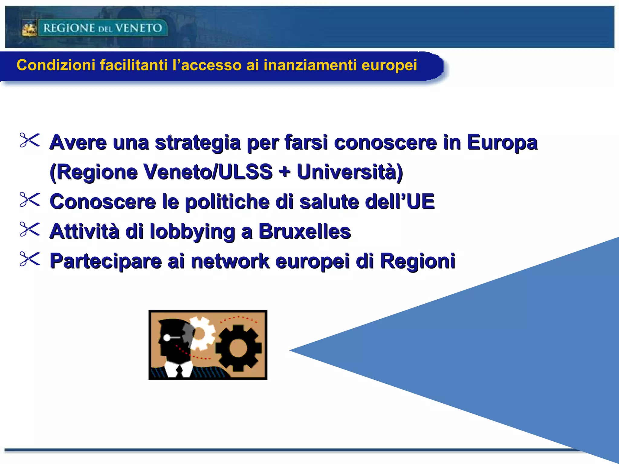 Avere una strategia per farsi conoscere in Europa (Regione Veneto/ULSS + Università) Conoscere le politiche di salute dell’UE Attività di lobbying a Bruxelles  Partecipare ai network europei di Regioni   Condizioni facilitanti l’accesso ai inanziamenti europei 