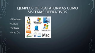 EJEMPLOS DE PLATAFORMAS COMO
SISTEMAS OPERATIVOS
• Windows
• Linux
• Solaris
• Mac Os
 