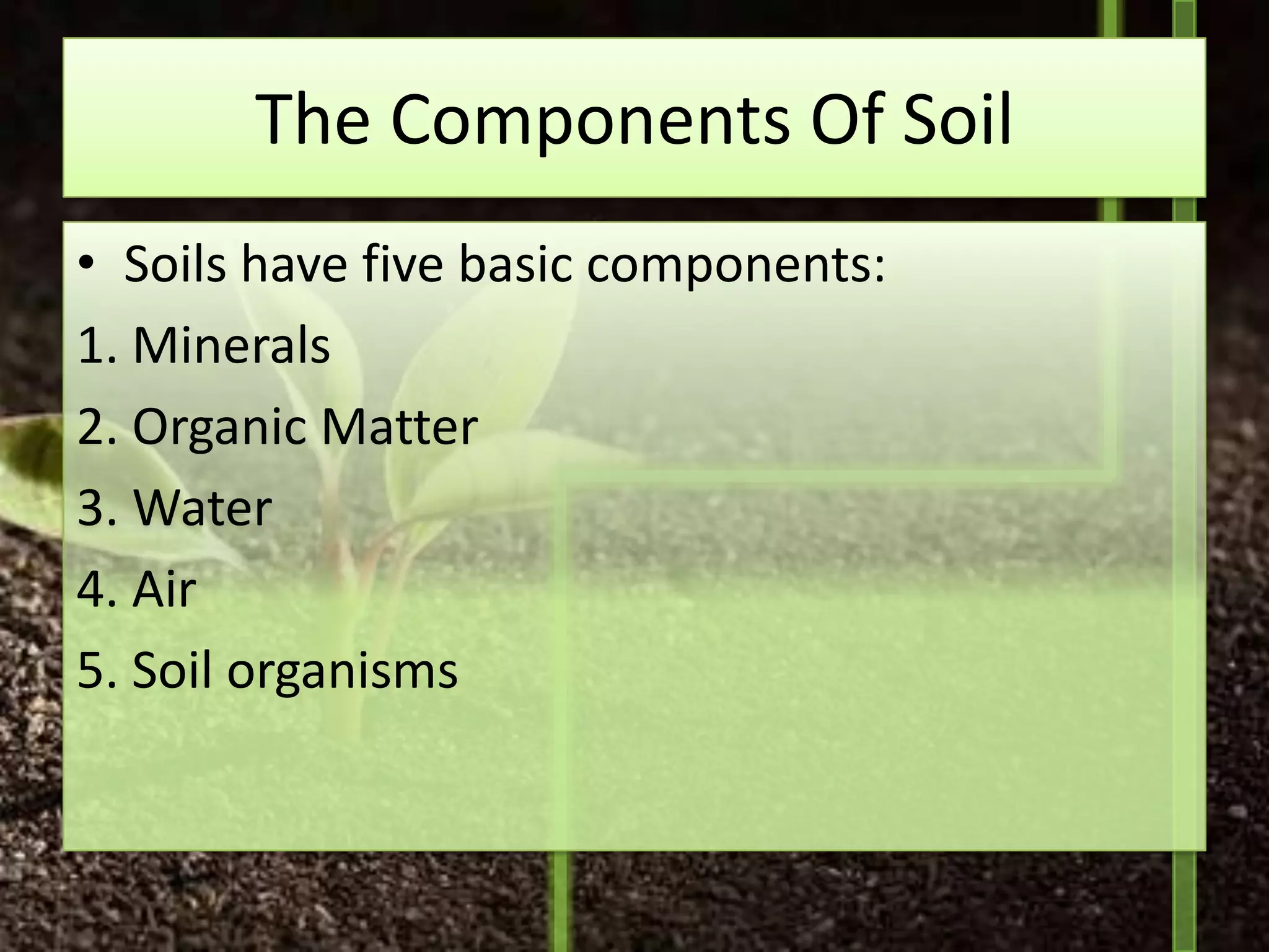 The Components Of Soil
• Soils have five basic components:
1. Minerals
2. Organic Matter
3. Water
4. Air
5. Soil organisms
 