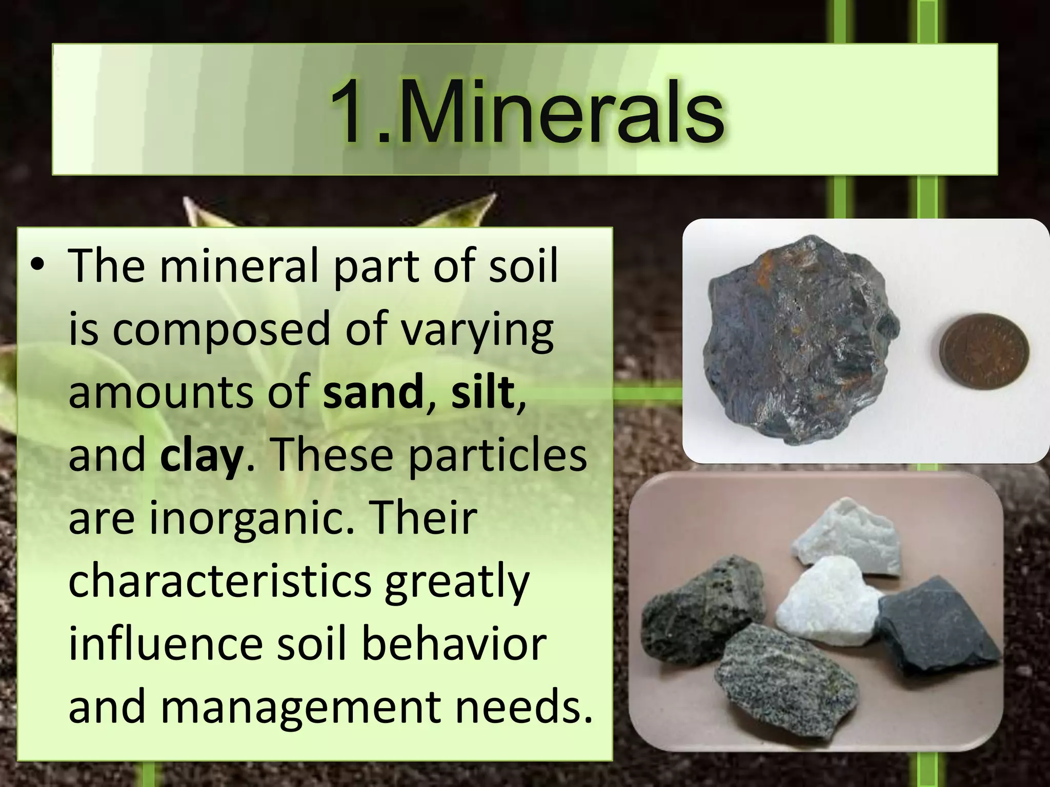 1.Minerals
• The mineral part of soil
  is composed of varying
  amounts of sand, silt,
  and clay. These particles
  are inorganic. Their
  characteristics greatly
  influence soil behavior
  and management needs.
 