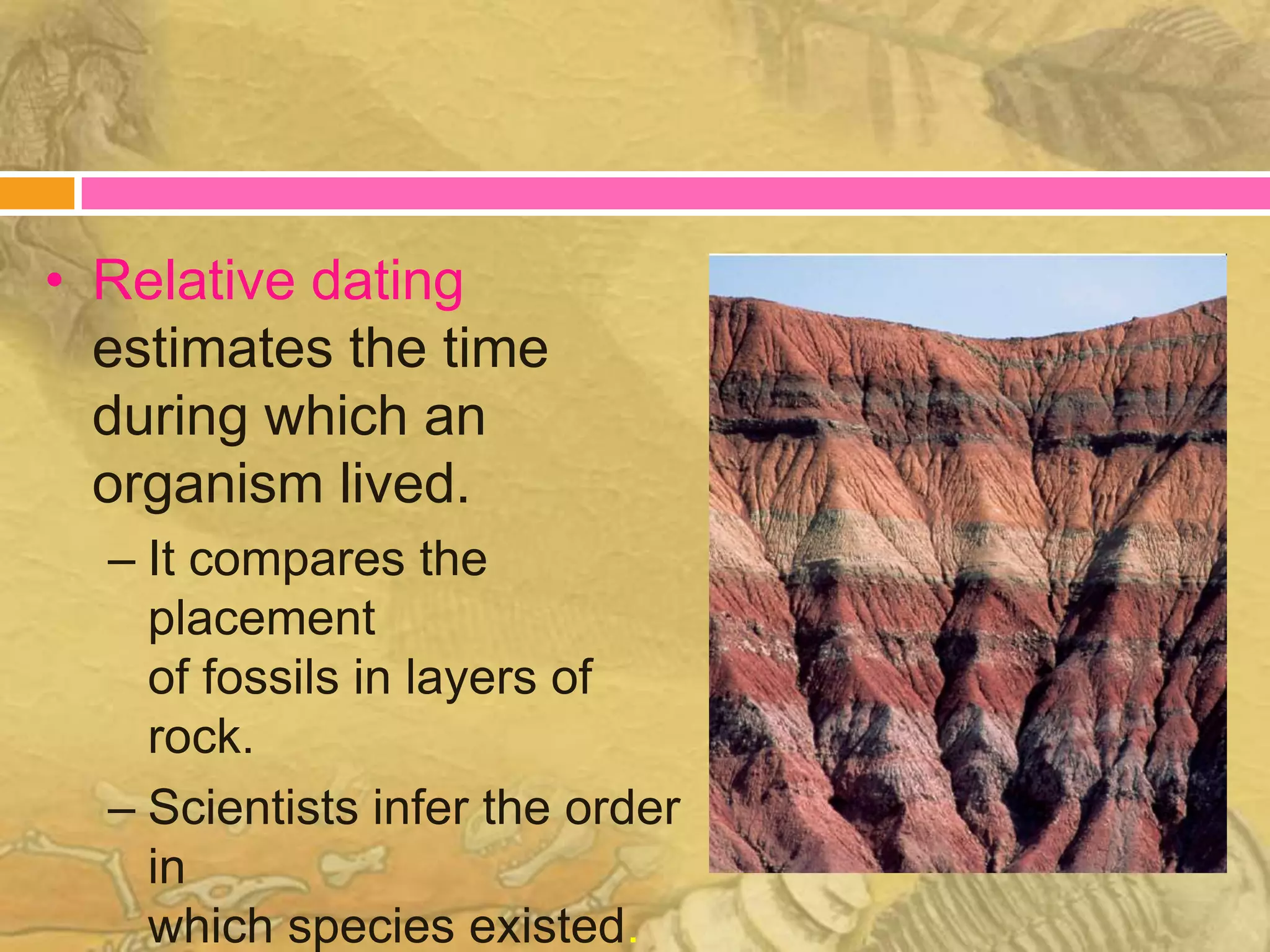 • Relative dating
  estimates the time
  during which an
  organism lived.
  – It compares the
    placement
    of fossils in layers of
    rock.
  – Scientists infer the order
    in
    which species existed.
 