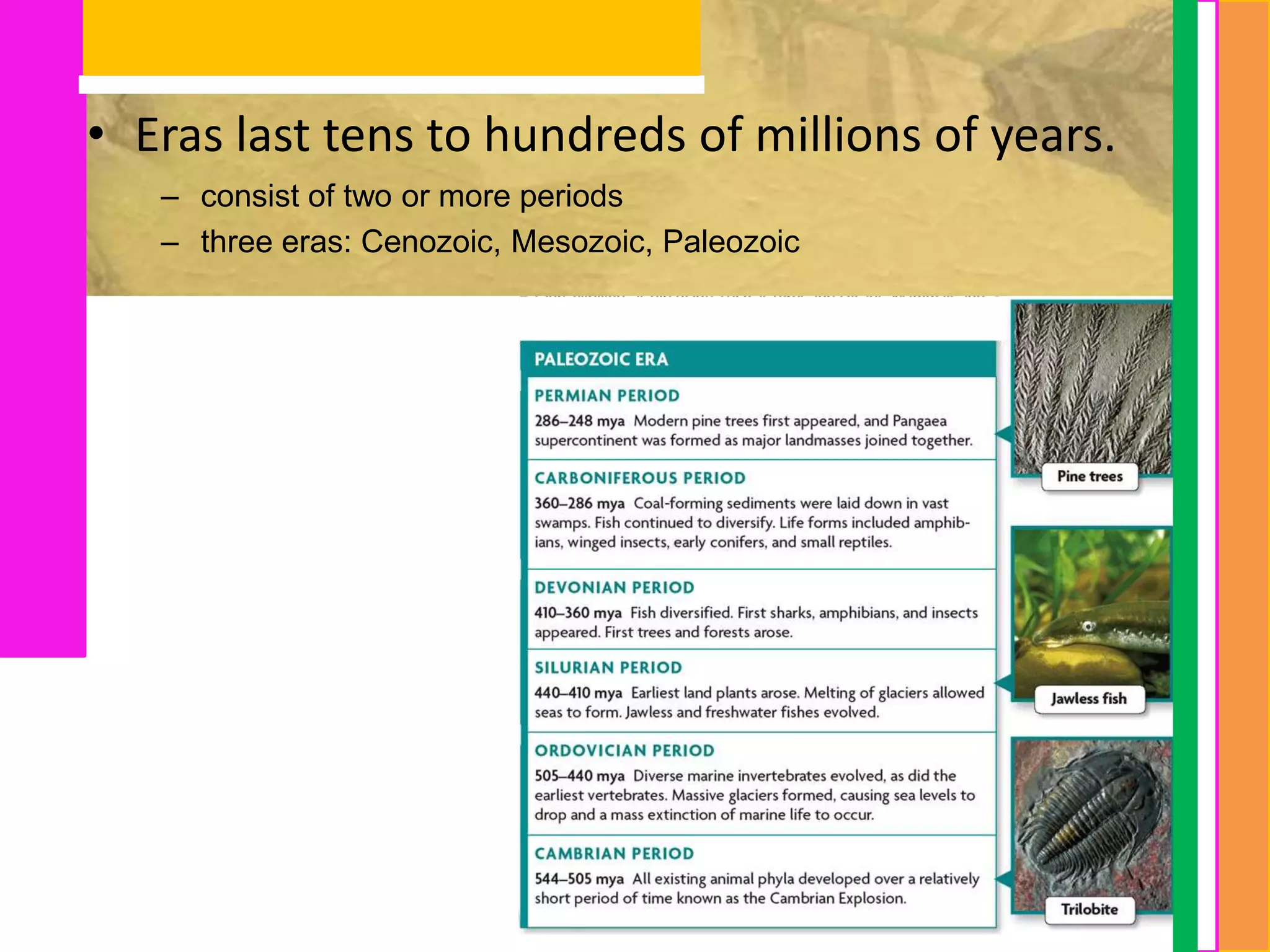 • Eras last tens to hundreds of millions of years.
   – consist of two or more periods
   – three eras: Cenozoic, Mesozoic, Paleozoic
 