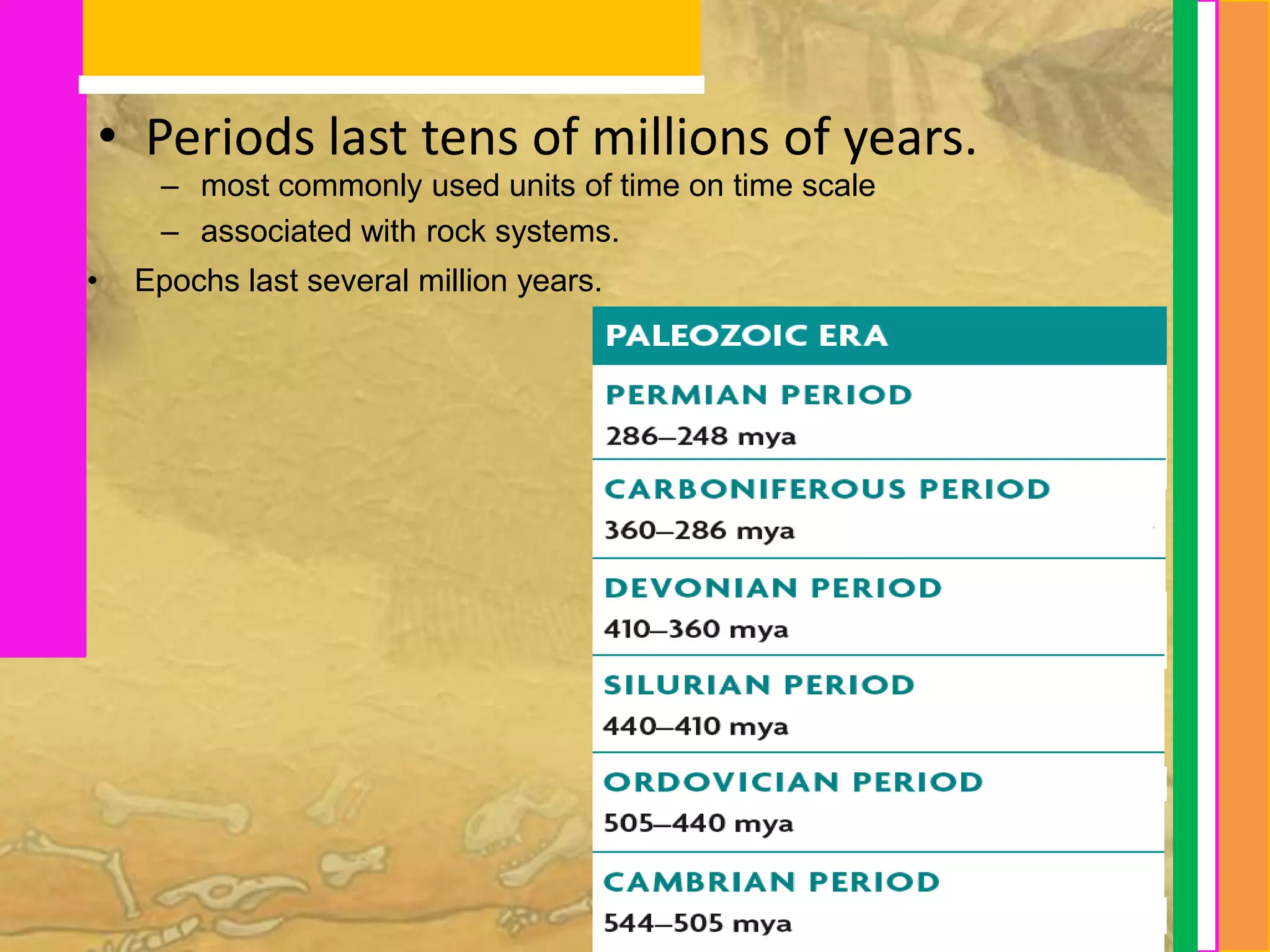 • Periods last tens of millions of years.
     – most commonly used units of time on time scale
     – associated with rock systems.
•   Epochs last several million years.
 