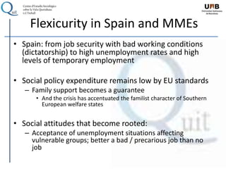 Flexicurity in Spain and MMEs
• Spain: from job security with bad working conditions
(dictatorship) to high unemployment rates and high
levels of temporary employment
• Social policy expenditure remains low by EU standards
– Family support becomes a guarantee
• And the crisis has accentuated the familist character of Southern
European welfare states
• Social attitudes that become rooted:
– Acceptance of unemployment situations affecting
vulnerable groups; better a bad / precarious job than no
job
 