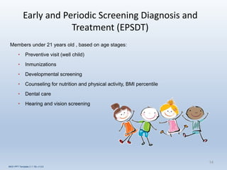 Early and Periodic Screening Diagnosis and
Treatment (EPSDT)
14
Members under 21 years old , based on age stages:
• Preventive visit (well child)
• Inmunizations
• Developmental screening
• Counseling for nutrition and physical activity, BMI percentile
• Dental care
• Hearing and vision screening
INOV PPT Template (1.1.16) v1.0.0
 