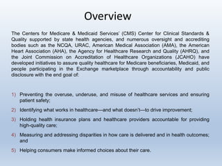 Overview
The Centers for Medicare & Medicaid Services’ (CMS) Center for Clinical Standards &
Quality supported by state health agencies, and numerous oversight and accrediting
bodies such as the NCQA, URAC, American Medical Association (AMA), the American
Heart Association (AHA), the Agency for Healthcare Research and Quality (AHRQ), and
the Joint Commission on Accreditation of Healthcare Organizations (JCAHO) have
developed initiatives to assure quality healthcare for Medicare beneficiaries, Medicaid, and
people participating in the Exchange marketplace through accountability and public
disclosure with the end goal of:
1) Preventing the overuse, underuse, and misuse of healthcare services and ensuring
patient safety;
2) Identifying what works in healthcare—and what doesn’t—to drive improvement;
3) Holding health insurance plans and healthcare providers accountable for providing
high-quality care;
4) Measuring and addressing disparities in how care is delivered and in health outcomes;
and
5) Helping consumers make informed choices about their care.
 