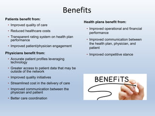 Benefits
Patients benefit from:
• Improved quality of care
• Reduced healthcare costs
• Transparent rating system on health plan
performance
• Improved patient/physician engagement
Physicians benefit from:
• Accurate patient profiles leveraging
technology
• Greater access to patient data that may be
outside of the network
• Improved quality initiatives
• Streamlined cost in the delivery of care
• Improved communication between the
physician and patient
• Better care coordination
Health plans benefit from:
• Improved operational and financial
performance
• Improved communication between
the health plan, physician, and
patient
• Improved competitive stance
 