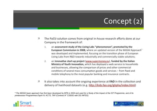 7	
  




                                                                                                            Concept	
  (2)	
  
                                The	
  PaESI	
  solu-on	
  comes	
  from	
  original	
  in-­‐house	
  research	
  eﬀorts	
  done	
  at	
  our	
  
                                 Company	
  in	
  the	
  framework	
  of:	
  
                                 1.      an	
  assessment	
  study	
  of	
  the	
  Living	
  Labs	
  “phenomenon”,	
  promoted	
  by	
  the	
  
                                         European	
  Commission	
  in	
  2008,	
  where	
  an	
  updated	
  version	
  of	
  the	
  MASAI	
  Approach*	
  
                                         was	
  developed	
  and	
  implemented,	
  focusing	
  on	
  the	
  transi-on	
  phase	
  of	
  European	
  
                                         Living	
  Labs	
  from	
  R&D	
  towards	
  industrially	
  and	
  commercially	
  viable	
  solu-ons;	
  
                                 2.      an	
  innova1ve	
  start-­‐up	
  project	
  (www.supermoney.eu),	
  funded	
  by	
  the	
  Italian	
  
                                         Ministry	
  of	
  Youth	
  Innova1on,	
  which	
  has	
  deployed	
  a	
  web	
  service	
  to	
  households	
  
                                         and	
  businesses,	
  allowing	
  the	
  comparison	
  of	
  prices	
  and	
  other	
  commercial	
  
                                         condi-ons	
  of	
  several	
  mass	
  consump-on	
  goods	
  and	
  services	
  –	
  from	
  ﬁxed	
  and	
  
                                         mobile	
  telephony	
  to	
  the	
  most	
  popular	
  banking	
  and	
  insurance	
  contracts.	
  

                                It	
  also	
  takes	
  into	
  account	
  the	
  ongoing	
  experience	
  at	
  FAO	
  in	
  the	
  collec-on	
  and	
  
                                 delivery	
  of	
  livelihood	
  datasets	
  (e.g.	
  hJp://kids.fao.org/glipha/index.html)	
  	
  

* The MASAI basic approach has first been developed by MTA in 2004 and used for a Study of the Impact of the IST Programme, and of its
predecessor Programmes Esprit IV, ACTS, TAP (Contract N° C28262 with DG INFSO).
 