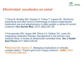 AETSA


Efectividad: resultados en salud

  Clyne B, Bradley MC, Hughes C, Fahey T, Lapane KL. Electronic
 prescribing and other forms of technology to reduce inappropriate
 medication use and polypharmacy in older people: a review of current
 evidence. Clin Geriatr Med. 2012 ;28(2):301-22.

  Kucukarslan SN, Hagan AM, Shimp LA, Gaither CA, Lewis NJ.
 Integrating medication therapy management in the primary care
 medical home: A review of randomized controlled trials. Am J Health
 Syst Pharm 2011;68(4):335-45.

 Steinman MA, Hanlon JT. Managing medications in clinically
 complex elders: "There's got to be a happy medium". JAMA. 2010
 13;304(14):1592-601.
 
