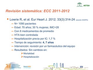 AETSA


Revisión sistemática: ECC 2011-2012

• Lowrie R, et al. Eur Heart J. 2012; 33(3):314-24           (estudio HOOPS)

   – N= 1090 pacientes
   – Edad: 70 años; 30 % mujeres; IMC=28
   – Con 8 medicamentos de promedio
   – HTA bien controlada
   – Hospitalización previa por IC: 1,7 %
   – Tiempo de seguimiento: 4, 7 años
   – Intervención: revisión por un farmacéutico del equipo
   – Resultados: Sin cambios en:
           Mortalidad
           Hospitalización
 