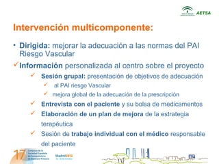 AETSA


Intervención multicomponente:
• Dirigida: mejorar la adecuación a las normas del PAI
  Riesgo Vascular
Información personalizada al centro sobre el proyecto
     Sesión grupal: presentación de objetivos de adecuación
           al PAI riesgo Vascular
         mejora global de la adecuación de la prescripción
     Entrevista con el paciente y su bolsa de medicamentos
     Elaboración de un plan de mejora de la estrategia
       terapéutica
     Sesión de trabajo individual con el médico responsable
       del paciente
 