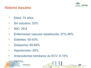 AETSA
Valores basales

  •   Edad: 74 años
  •   Sin estudios: 53%
  •   IMC: 29,8
  •   Enfermedad vascular establecida: 37%-46%
  •   Diabetes: 50-43%
  •   Dislipemia: 65-69%
  •   Hipertensión: 92%
  •   Antecedentes familiares de ECV: 8-15%
  •   HbA1c:
 