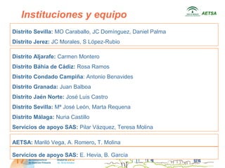 Instituciones y equipo                                    AETSA



Distrito Sevilla: MO Caraballo, JC Domínguez, Daniel Palma
Distrito Jerez: JC Morales, S López-Rubio

Distrito Aljarafe: Carmen Montero
Distrito Báhia de Cádiz: Rosa Ramos
Distrito Condado Campiña: Antonio Benavides
Distrito Granada: Juan Balboa
Distrito Jaén Norte: José Luis Castro
Distrito Sevilla: Mª José León, Marta Requena
Distrito Málaga: Nuria Castillo
Servicios de apoyo SAS: Pilar Vázquez, Teresa Molina

AETSA: Mariló Vega, A. Romero, T. Molina

Servicios de apoyo SAS: E. Hevia, B. García
 
