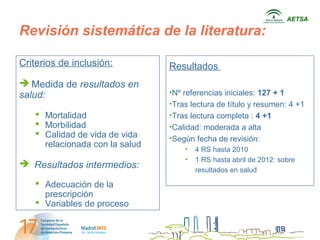 AETSA

Revisión sistemática de la literatura:

Criterios de inclusión:         Resultados
 Medida de resultados en
salud:                          •Nº referencias iniciales: 127 + 1
                                •Tras lectura de título y resumen: 4 +1
    Mortalidad                 •Tras lectura completa : 4 +1
    Morbilidad                 •Calidad: moderada a alta
    Calidad de vida de vida    •Según fecha de revisión:
     relacionada con la salud       •   4 RS hasta 2010
                                    •   1 RS hasta abril de 2012: sobre
 Resultados intermedios:
                                        resultados en salud
    Adecuación de la
     prescripción
    Variables de proceso
 