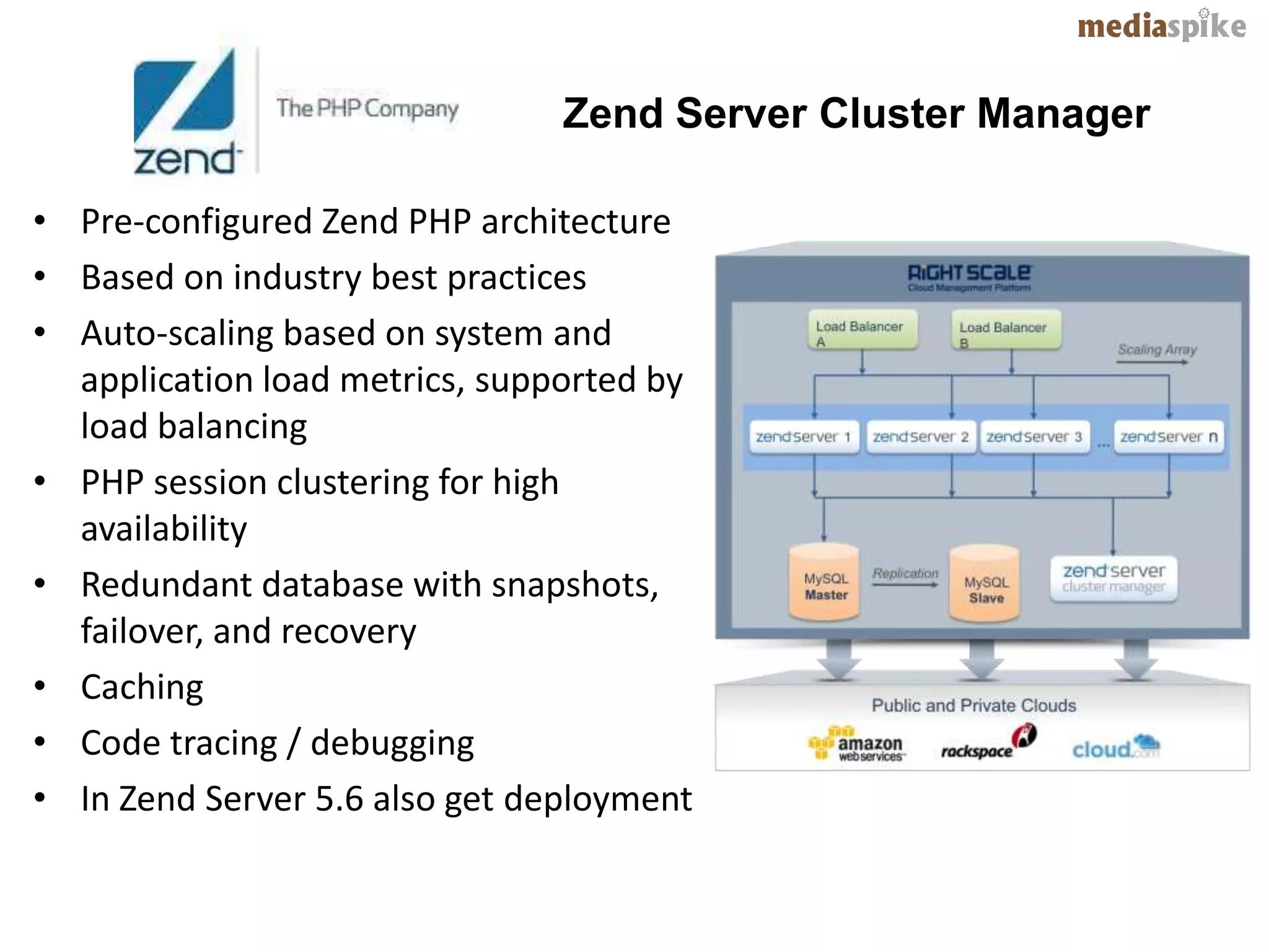 Zend Server Cluster Manager

• Pre-configured Zend PHP architecture
• Based on industry best practices
• Auto-scaling based on system and
  application load metrics, supported by
  load balancing
• PHP session clustering for high
  availability
• Redundant database with snapshots,
  failover, and recovery
• Caching
• Code tracing / debugging
• In Zend Server 5.6 also get deployment
 