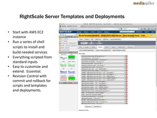 RightScale Server Templates and Deployments

• Start with AWS EC2
  instance
• Run a series of shell
  scripts to install and
  build needed services
• Everything scripted from
  standard inputs
• Easy to customize and
  extend. Essential.
• Revision Control with
  commit and rollback for
  scripts and templates
  and deployments.
 