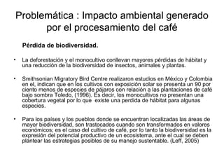 Problemática : Impacto ambiental generado por el procesamiento del café Pérdida de biodiversidad.  La deforestación y el monocultivo conllevan mayores pérdidas de hábitat y una reducción de la biodiversidad de insectos, animales y plantas.  Smithsonian Migratory Bird Centre realizaron estudios en México y Colombia en el, indican que en los cultivos con exposición solar se presenta un 90 por ciento menos de especies de pájaros con relación a las plantaciones de café bajo sombra Toledo, (1996). Es decir, los monocultivos no presentan una cobertura vegetal por lo que  existe una perdida de hábitat para algunas especies. Para los países y los pueblos donde se encuentran localizadas las áreas de mayor biodiversidad, son trastocados cuando son transformados en valores económicos; es el caso del cultivo de café, por lo tanto la biodiversidad es la expresión del potencial productivo de un ecosistema, ante el cual se deben plantear las estrategias posibles de su manejo sustentable. (Leff, 2005)  