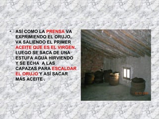 ASÍ COMO LA  PRENSA  VA EXPRIMIENDO EL ORUJO, VA SALIENDO EL PRIMER  ACEITE QUE ES EL VIRGEN . LUEGO SE SACA DE UNA ESTUFA AGUA HIRVIENDO Y SE ECHA  A LAS CAPAZAS PARA  ESCALDAR EL ORUJO  Y ASÍ SACAR MÁS ACEITE . 