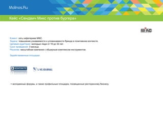 Кейс «Сендвич Микс против бургера»




Клиент: сеть кафетериев МIКС.
Задача: повышение узнаваемости и упоминаемости бренда в позитивном контексте.
Целевая аудитория: молодые люди от 16 до 32 лет.
Срок проведения: 3 месяца.
Решение: масштабная кампания с обширным комплексом инструментов.

Задействованные площадки:




+ молодежные форумы, а также профильные площадки, посвященные ресторанному бизнесу.
 