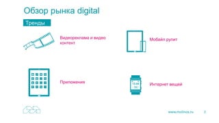 2
Обзор рынка digital
Тренды
Видеореклама и видео
контент
Приложения
Мобайл рулит
Интернет вещей
 