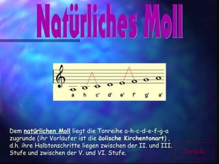 Dem natürlichen Moll liegt die Tonreihe a-h-c-d-e-f-g-a
zugrunde (ihr Vorläufer ist die äolische Kirchentonart) ,
d.h. ihre Halbtonschritte liegen zwischen der II. und III.
Stufe und zwischen der V. und VI. Stufe. Zurück
 