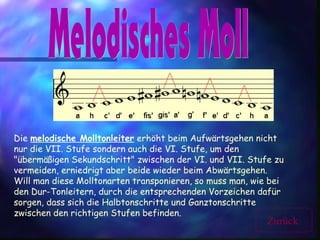 Die melodische Molltonleiter erhöht beim Aufwärtsgehen nicht
nur die VII. Stufe sondern auch die VI. Stufe, um den
"übermäßigen Sekundschritt" zwischen der VI. und VII. Stufe zu
vermeiden, erniedrigt aber beide wieder beim Abwärtsgehen.
Will man diese Molltonarten transponieren, so muss man, wie bei
den Dur-Tonleitern, durch die entsprechenden Vorzeichen dafür
sorgen, dass sich die Halbtonschritte und Ganztonschritte
zwischen den richtigen Stufen befinden.
Zurück
 