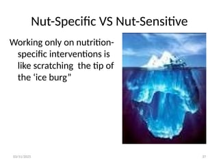 03/11/2025
Nut-Specific VS Nut-Sensitive
37
Working only on nutrition-
specific interventions is
like scratching the tip of
the ‘ice burg”
 