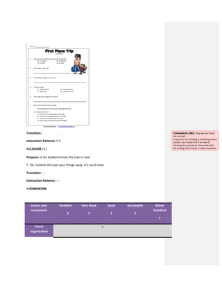 Transition:
Interaction Patterns: S-S
 CLOSURE (5’)
Purpose: to let students know the class is over
T: Ok, children let’s put your things away. It’s lunch time.
Transition: ---
Interaction Patterns: ---
 HOMEWORK
Lesson plan
component
Excellent
5
Very Good
4
Good
3
Acceptable
2
Below
Standard
1
Visual
organization
x
Comentario [A6]: How will you check
the activity?
As you are not including a smashing closure
activity, you should find a fun way of
checking the worksheet. Remember that
the ending of the lesson is really important.
 