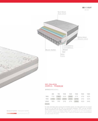 22-23 
Sensació Confort - Sensación Confort 
Teixit Strech 
Tejido Strech 
Biconic System 
Viscoelàstica 
Viscoelástica 
Reforç lateral 
Refuerzo lateral 
Eliocel 
TNT 
Feltre 
Fieltro 
REF.PRA+MIDA 
EXEMPLE: PRA090190 
MIDES/MEDIDAS 
80 90 105 135 150 160 180 
180 170 183 200 255 275 310 325 
190 170 183 200 255 275 310 325 
200 185 195 210 270 290 325 345 
Stock 
En mides intermitges aplicar el preu de la immediata superior. Les mides poden tenir una variació 
de ±2 cm. En les mides de 160 i 180 cm es recomanen matalassos “DUO” units per cremallera 
central, incrementant-se per aquest concepte 36 punts. En medidas intermedias aplicar el precio 
de la inmediata superior. Las medidas pueden tener una variación de ±2 cm. En las medidas de 
160 y 180 cm se recomiendan colchones “DUO” unidos por cremallera central, incrementándose 
por este concepto 36 puntos. 
 