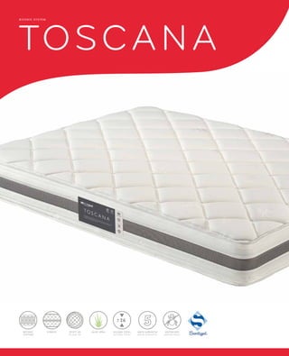 BICONIC SYSTEM TOSCANA 
26 
STRECH ANTIÀCARS 
ALÇADA TOTAL 
ALTURA TOTAL 
ANTIÁCAROS 
BICONIC 
SYSTEM® 
ANYS GARANTIA 
AÑOS GARANTÍA 
TEIXIT 3D 
TEJIDO 3D 
ALOE VERA 
 