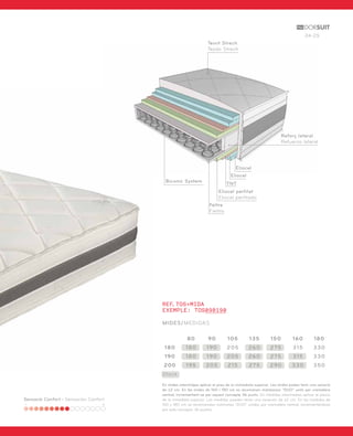 24-25 
Sensació Confort - Sensación Confort 
Teixit Strech 
Tejido Strech 
Eliocel 
Eliocel 
Biconic System TNT 
Eliocel perfilat 
Eliocel perfilado 
Feltre 
Fieltro 
REF.TOS+MIDA 
EXEMPLE: TOS090190 
MIDES/MEDIDAS 
Reforç lateral 
Refuerzo lateral 
80 90 105 135 150 160 180 
180 180 190 205 260 275 315 330 
190 180 190 205 260 275 315 330 
200 195 205 215 275 290 330 350 
Stock 
En mides intermitges aplicar el preu de la immediata superior. Les mides poden tenir una variació 
de ±2 cm. En les mides de 160 i 180 cm es recomanen matalassos “DUO” units per cremallera 
central, incrementant-se per aquest concepte 36 punts. En medidas intermedias aplicar el precio 
de la inmediata superior. Las medidas pueden tener una variación de ±2 cm. En las medidas de 
160 y 180 cm se recomiendan colchones “DUO” unidos por cremallera central, incrementándose 
por este concepto 36 puntos. 
 