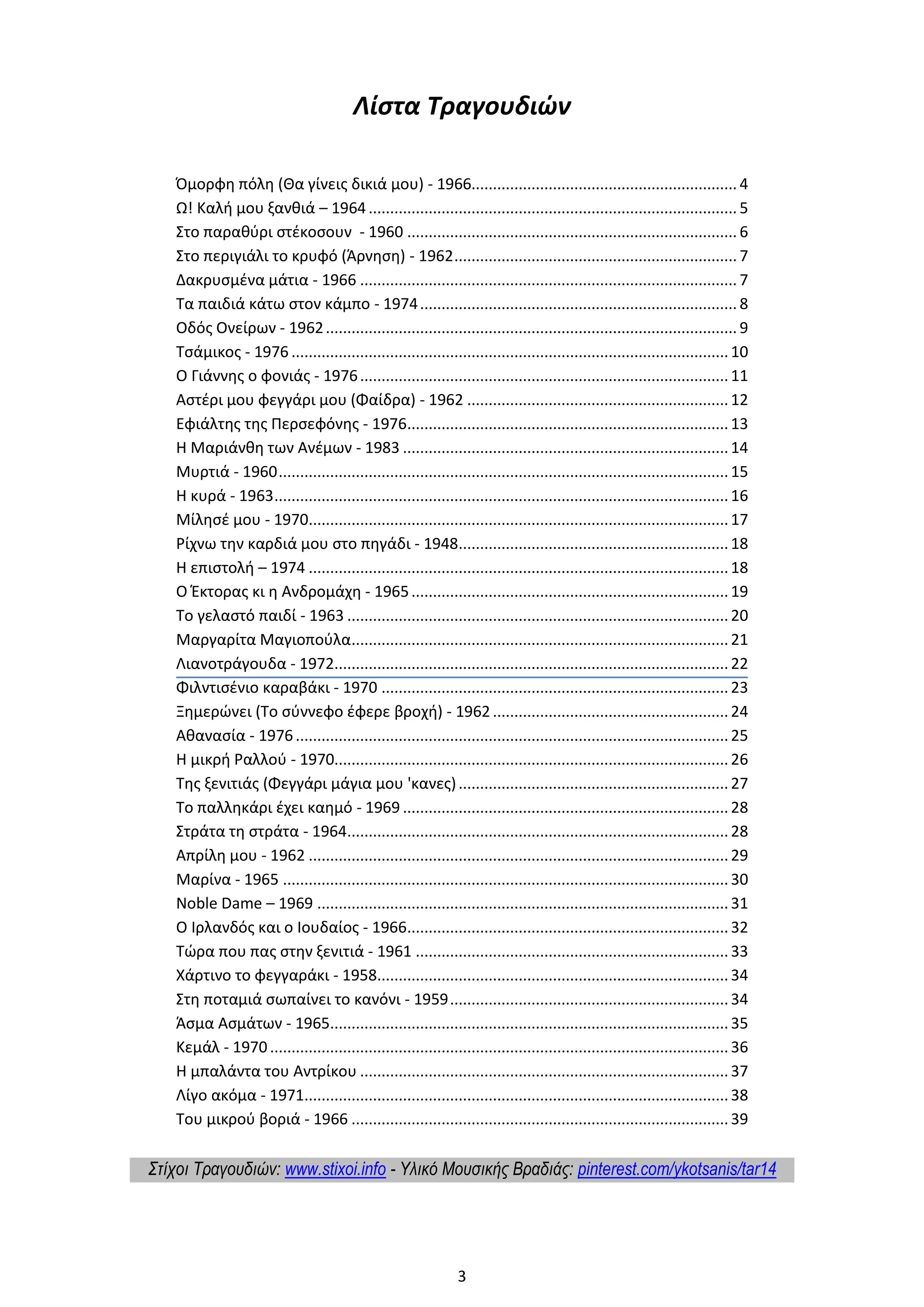 3
Λίστα Τραγουδιών
Όμορφη πόλη (Θα γίνεις δικιά μου) - 1966.............................................................. 4
Ω! Καλή μου ξανθιά – 1964...................................................................................... 5
Στο παραθύρι στέκοσουν - 1960 ............................................................................. 6
Στο περιγιάλι το κρυφό (Άρνηση) - 1962.................................................................. 7
Δακρυσμένα μάτια - 1966 ........................................................................................ 7
Τα παιδιά κάτω στον κάμπο - 1974.......................................................................... 8
Οδός Ονείρων - 1962................................................................................................ 9
Τσάμικος - 1976 ......................................................................................................10
Ο Γιάννης ο φονιάς - 1976......................................................................................11
Αστέρι μου φεγγάρι μου (Φαίδρα) - 1962 .............................................................12
Εφιάλτης της Περσεφόνης - 1976...........................................................................13
Η Μαριάνθη των Ανέμων - 1983 ............................................................................14
Μυρτιά - 1960.........................................................................................................15
Η κυρά - 1963..........................................................................................................16
Μίλησέ μου - 1970..................................................................................................17
Ρίχνω την καρδιά μου στο πηγάδι - 1948...............................................................18
Η επιστολή – 1974 ..................................................................................................18
Ο Έκτορας κι η Ανδρομάχη - 1965..........................................................................19
Το γελαστό παιδί - 1963 .........................................................................................20
Μαργαρίτα Μαγιοπούλα........................................................................................21
Λιανοτράγουδα - 1972............................................................................................22
Φιλντισένιο καραβάκι - 1970 .................................................................................23
Ξημερώνει (Το σύννεφο έφερε βροχή) - 1962.......................................................24
Αθανασία - 1976.....................................................................................................25
Η μικρή Ραλλού - 1970............................................................................................26
Της ξενιτιάς (Φεγγάρι μάγια μου 'κανες)...............................................................27
Το παλληκάρι έχει καημό - 1969 ............................................................................28
Στράτα τη στράτα - 1964.........................................................................................28
Απρίλη μου - 1962 ..................................................................................................29
Μαρίνα - 1965 ........................................................................................................30
Noble Dame – 1969 ................................................................................................31
Ο Ιρλανδός και ο Ιουδαίος - 1966...........................................................................32
Τώρα που πας στην ξενιτιά - 1961 .........................................................................33
Χάρτινο το φεγγαράκι - 1958..................................................................................34
Στη ποταμιά σωπαίνει το κανόνι - 1959.................................................................34
Άσμα Ασμάτων - 1965.............................................................................................35
Κεμάλ - 1970...........................................................................................................36
Η μπαλάντα του Αντρίκου ......................................................................................37
Λίγο ακόμα - 1971...................................................................................................38
Του μικρού βοριά - 1966 ........................................................................................39
Στίχοι Τραγουδιών: www.stixoi.info - Υλικό Μουσικής Βραδιάς: pinterest.com/ykotsanis/tar14
 