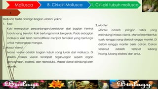 4
Mollusca B. Ciri-ciri Mollusca
Mollusca terdiri dari tiga bagian utama, yakni :
1. Kaki
Kaki merupakan perpanjangan/penjuluran dari bagian Ventral
tubuh yang berotot. Kaki berfungsi untuk bergerak. Pada sebagian
mollusca kaki telah termodifikasi menjadi tentakel yang berfungsi
untuk menangkap mangsa.
2. Massa Viseral
Massa viseral adalah bagian tubuh yang lunak dari mollusca. Di
dalam massa viseral terdapat organ-organ seperti organ
pencernaan, ekskresi, dan reproduksi. Massa viseral dilindungi oleh
mantel.
1. Ciri-ciri tubuh mollusca
3. Mantel
Mantel adalah jaringan tebal yang
melindungi massa viseral. Mantel membentuk
suatu rongga yang disebut rongga mantel. Di
dalam rongga mantel berisi cairan. Cairan
tersebut adalah tempat lubang
insang, lubang ekskresi dan anus.
 