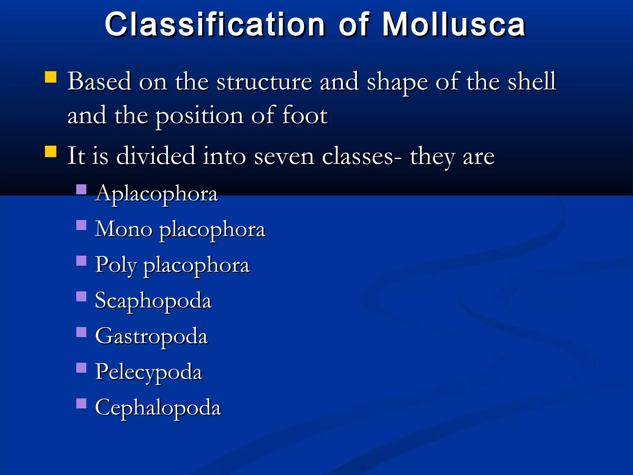 Classification of MolluscaClassification of Mollusca
 Based on the structure and shape of the shellBased on the structure and shape of the shell
and the position of footand the position of foot
 It is divided into seven classes- they areIt is divided into seven classes- they are
 AplacophoraAplacophora
 Mono placophoraMono placophora
 Poly placophoraPoly placophora
 ScaphopodaScaphopoda
 GastropodaGastropoda
 PelecypodaPelecypoda
 CephalopodaCephalopoda
 