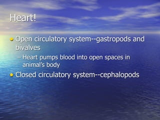 Heart!

• Open circulatory system--gastropods and
 bivalves
  – Heart pumps blood into open spaces in
    animal’s body
• Closed circulatory system--cephalopods
 