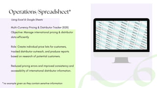 Operations/Spreadsheet*
Using Excel & Google Sheets
Multi-Currency Pricing & Distributor Tracker (B2B)
Objective: Manage international pricing & distributor
data efficiently
Role: Create individual price lists for customers,
tracked distributor outreach, and produce reports
based on research of potential customers.
Reduced pricing errors and improved consistency and
accessibility of international distributor information.
*no example given as they contain sensitive information
 