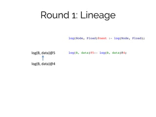 Round 1: Lineage 
log(B, 
data)@5 
log(B, 
data)@4 
log(Node, Pload)@next :- log(Node, Pload);! 
!!! 
log(B, data)@5:- log...