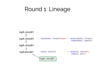 Round 1: Lineage 
log(B, 
data)@5 
log(B, 
data)@4 
log(B, 
data)@3 
log(B,data)@2 
log(Node2, Pload)@async :- bcast(Node1...