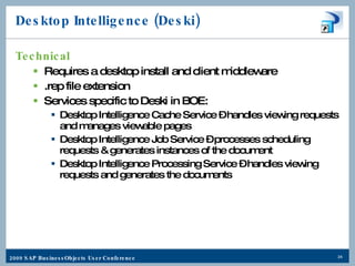 Desktop Intelligence (Deski) Technical Requires a desktop install and client middleware .rep file extension Services specific to Deski in BOE: Desktop Intelligence Cache Service – handles viewing requests and manages viewable pages Desktop Intelligence Job Service – processes scheduling requests & generates instances of the document Desktop Intelligence Processing Service – handles viewing requests and generates the documents 