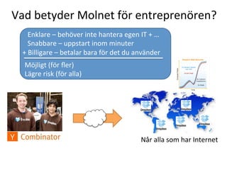Vad	
  betyder	
  Molnet	
  för	
  entreprenören?	
  
	
  	
  	
  Enklare	
  –	
  behöver	
  inte	
  hantera	
  egen	
  IT	
  +	
  …	
  
	
  	
  	
  Snabbare	
  –	
  uppstart	
  inom	
  minuter	
  
+	
  Billigare	
  –	
  betalar	
  bara	
  för	
  det	
  du	
  använder	
  
Möjligt	
  (för	
  ﬂer)	
  
Lägre	
  risk	
  (för	
  alla)	
  
Når	
  alla	
  som	
  har	
  Internet	
  
 