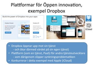 Pla|ormar	
  för	
  Öppen	
  innovaTon,	
  
exempel	
  Dropbox	
  
•  Dropbox	
  öppnar	
  upp	
  mot	
  sin	
  tjänst	
  
	
  -­‐	
  och	
  ökar	
  därmed	
  värdet	
  på	
  sin	
  egen	
  tjänst)	
  
•  Pla|orm	
  (som	
  en	
  tjänst,	
  PaaS)	
  för	
  andra	
  tjänsteutvecklare	
  
-­‐	
  som	
  därigenom	
  slipper	
  synkningsproblemaTken	
  
•  Konkurrerar	
  i	
  deca	
  exempel	
  med	
  Apple	
  (iCloud)	
  
 