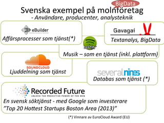 En	
  svensk	
  söktjänst	
  -­‐	
  med	
  Google	
  som	
  investerare	
  
”Top	
  20	
  HoIest	
  Startups	
  Boston	
  Area	
  (2013)”	
  
Musik	
  –	
  som	
  en	
  tjänst	
  (inkl.	
  plaorm)	
  
Svenska	
  exempel	
  på	
  molnföretag	
  
-­‐	
  Användare,	
  producenter,	
  analysteknik	
  
Databas	
  som	
  tjänst	
  (*)	
  
Ljuddelning	
  som	
  tjänst	
  
Aﬀärsprocesser	
  som	
  tjänst(*)	
  
(*)	
  Vinnare	
  av	
  EuroCloud	
  Award	
  (EU)	
  
Textanalys,	
  BigData	
  
BigData	
  
 