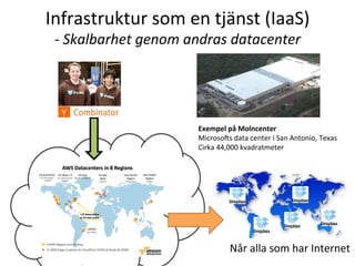 Infrastruktur	
  som	
  en	
  tjänst	
  (IaaS)	
  	
  
-­‐	
  Skalbarhet	
  genom	
  andras	
  datacenter	
  
Exempel	
  på	
  Molncenter	
  
MicrosoVs	
  data	
  center	
  i	
  San	
  Antonio,	
  Texas	
  
Cirka	
  44,000	
  kvadratmeter	
  
Når	
  alla	
  som	
  har	
  Internet	
  
 
