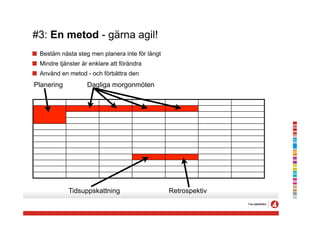 #3: En metod - gärna agil!
! Bestäm nästa steg men planera inte för långt
! Mindre tjänster är enklare att förändra
! Använd en metod - och förbättra den
Planering          Dagliga morgonmöten




             Tidsuppskattning                    Retrospektiv
 