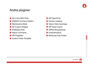 Andra pluginer

!   All in One SEO Pack      !   WP-SpamFree
!   DISQUS Comment System    !   Domain mapping
!   Maintenance Mode         !   Vipers Video Quicktags
!   My Custom Widgets        !   WP Super Cache
!   PollDaddy Polls          !   WPMU Blog Defaults
!   Report Comments          !   PubSubHubbub
!   WP-PageNavi              !   Bambuser Auto Poster
!   Custom Fields Template
 