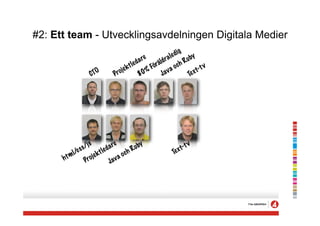 #2: Ett team - Utvecklingsavdelningen Digitala Medier
                                                                      d   ig
                                                   a re        r a le       by
                                                ed           ä ld        Ru
                                            ktl          För          ch             v
                                        j e            %           ao           t- t
                     CTO           Pr o            80          Jav         Te x




                       s            a re          by                           tv
                s s /j            d            Ru                        t-
          ml
             /c
                           ekt
                               le           ch                      Te x
        t                j               ao
      h             Pro             Jav
 